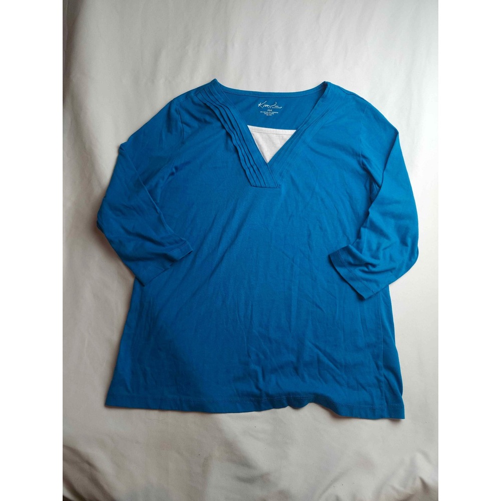 Kim Rogers Petite Blue 3/4 Sleeve Pleated V-Neck Layered Top PM